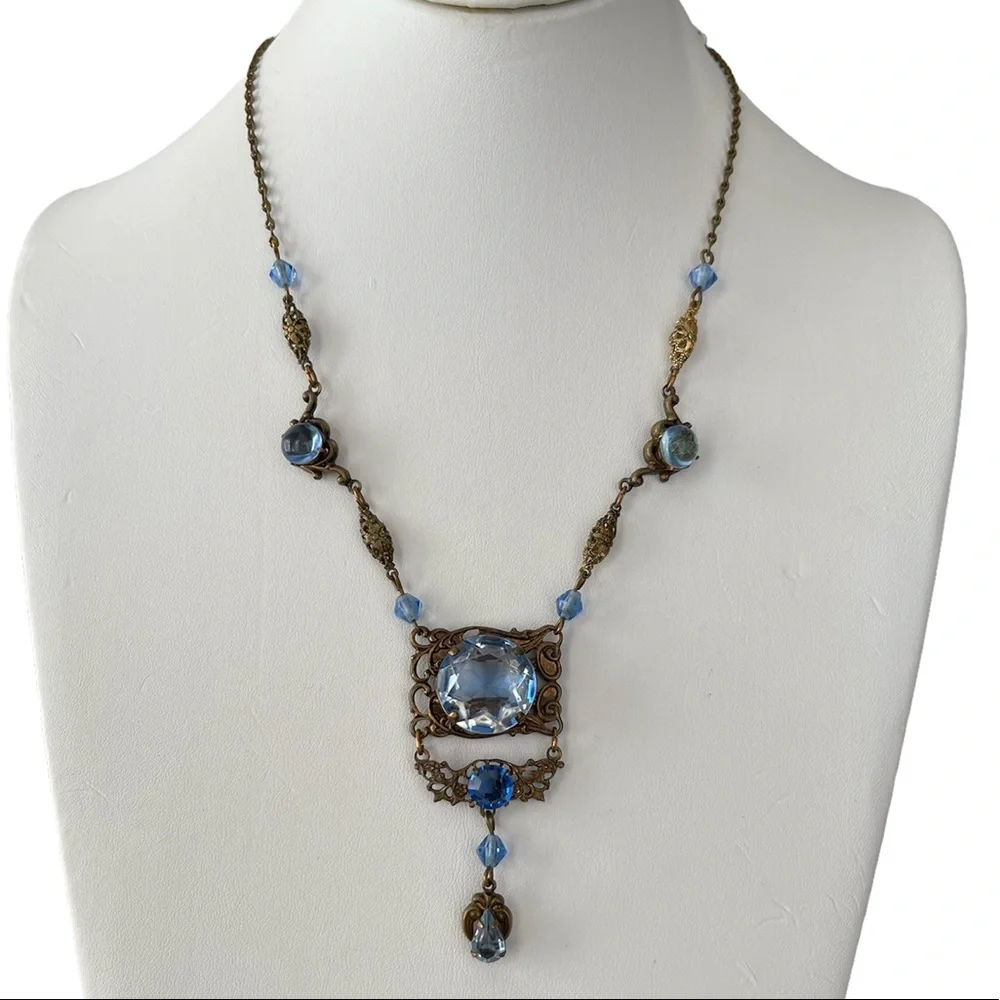 Original Art Deco 1920s blue crystal glass and brass pendant necklace - Picture 1 of 14
